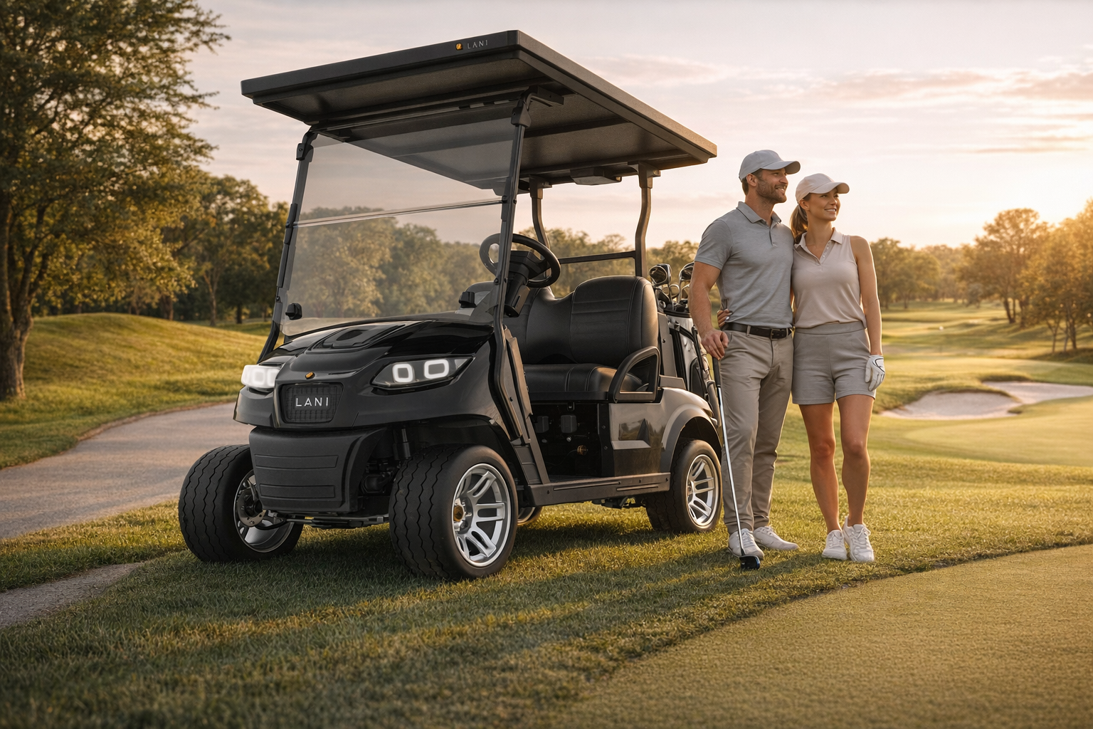Two people standing next to a golf cart on a golf course at sunset.